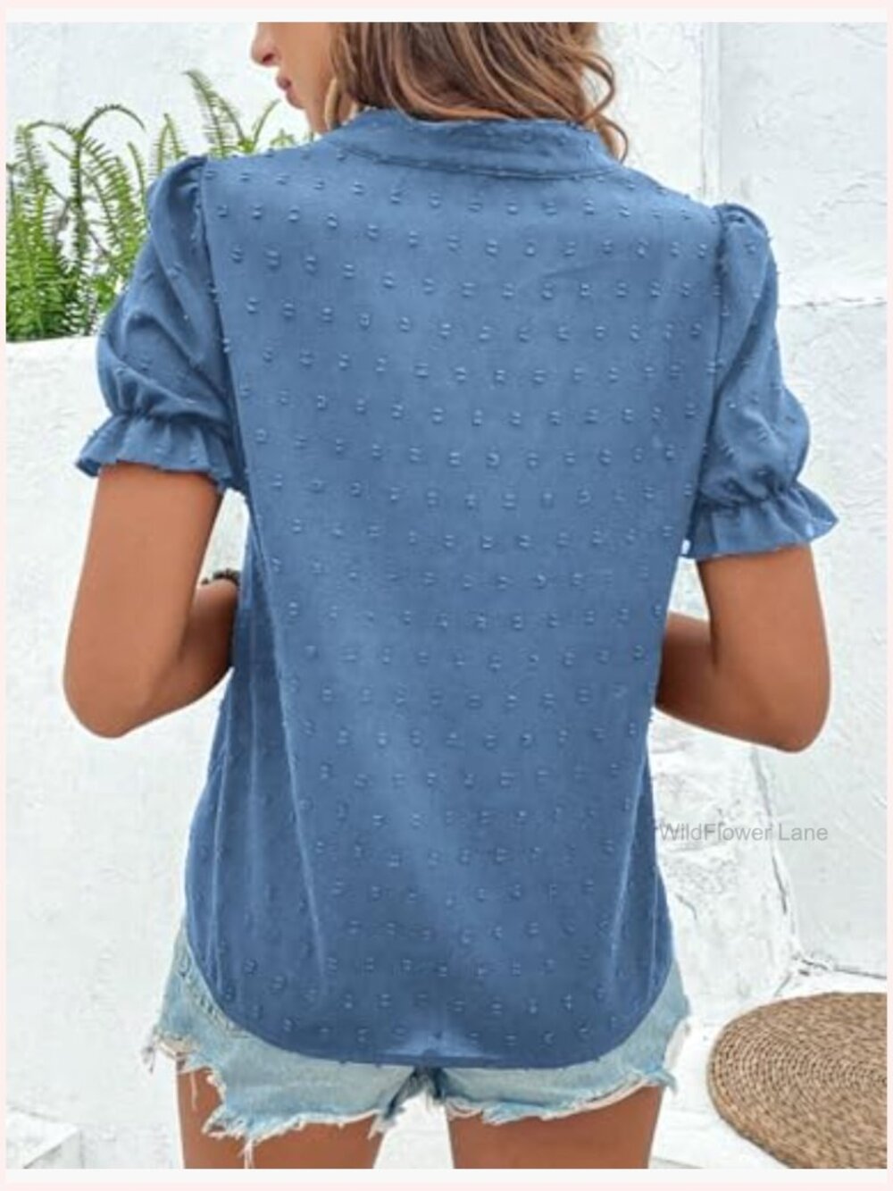 Women's V Neck Puff Sleeve Embroidered Blouse Summer - Picture 6 of 7